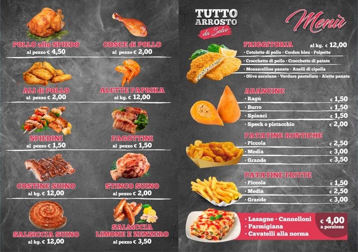 Menu storico di Tutto Arrosto da Salvo, prezzi da confermare